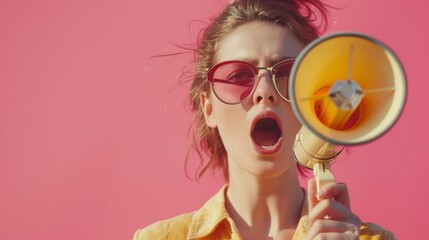 Video marketing, live stream or media clip to promote brand, influencer advertising, content marketing or online digital campaign concept, beauty confidence woman with megaphone on video media player