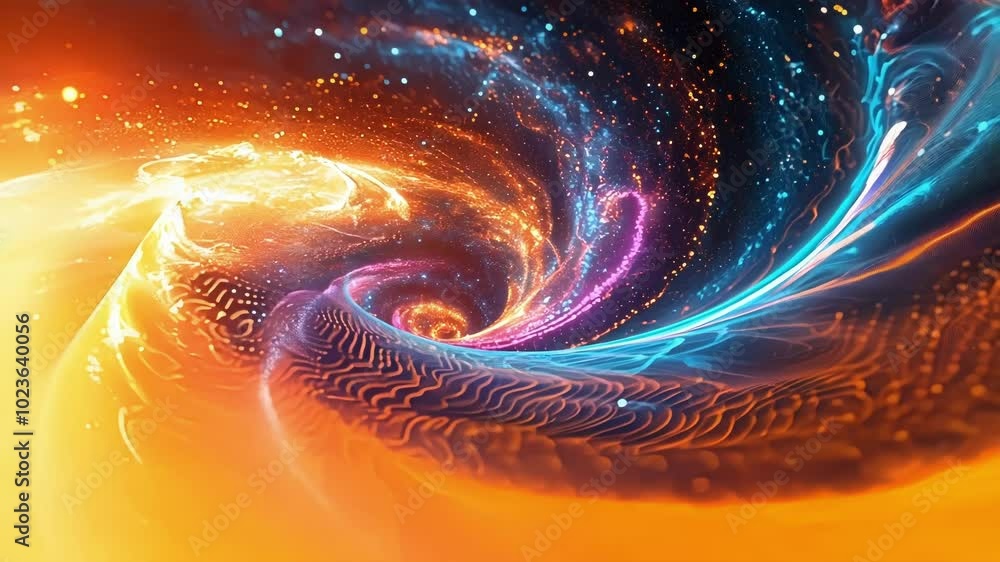 Poster abstract background with sparkling particles swirling and forming a colorful vortex, suitable for te
