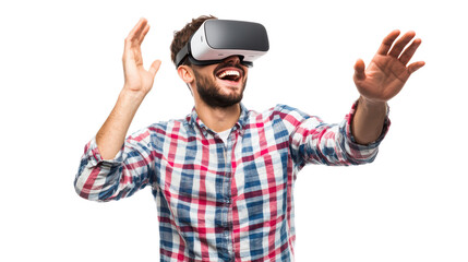 Man wearing vr glasses isolated on white, transparent