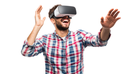 Man wearing vr glasses isolated on white, transparent