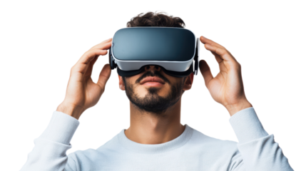 Man wearing vr glasses isolated on white, transparent