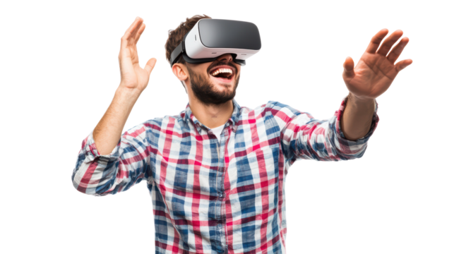 Man wearing vr glasses isolated on white, transparent