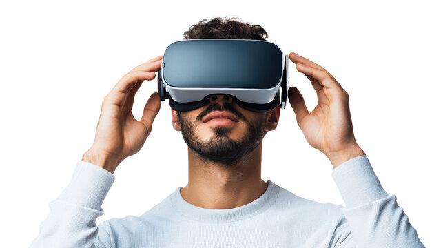 Man wearing vr glasses isolated on white, transparent