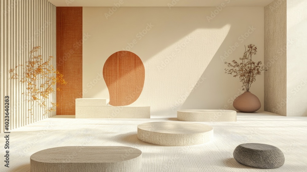 Leinwandbilder 3D rendering of a studio featuring geometric shapes and a podium on the floor Platforms designed for product display with a mock up background An abstract composition in minimalistic design