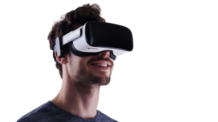 Man wearing vr glasses isolated on white, transparent