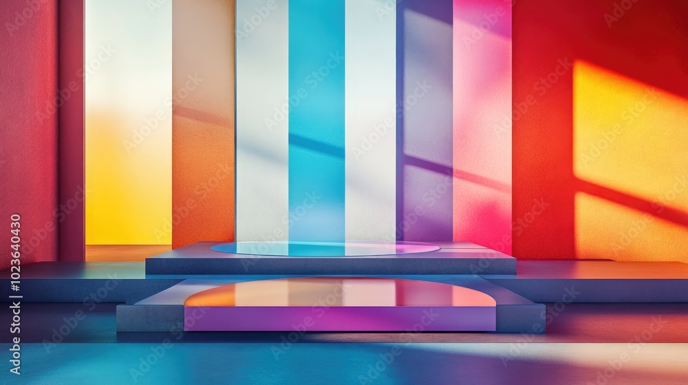 Aufkleber 3D rendered illustration featuring geometric shapes and holographic colored platforms for product display Abstract composition in a contemporary style with minimal design and negative space