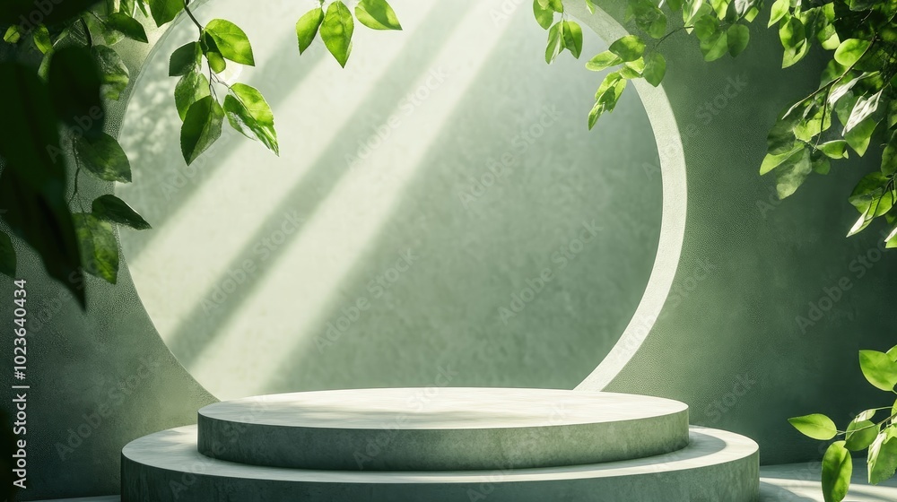 Aufkleber 3D render of an abstract minimal green background featuring an empty stage with steps and a cylindrical podium showcasing contrast shadows from leaves with bright sunlight filtering through a circ