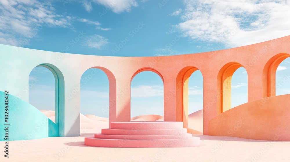 Poster 3d render of an abstract surreal pastel landscape featuring arches and a podium for product display 