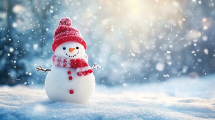 Christmas Winter Background with Snowman in Snowy Forest and Clear Sky