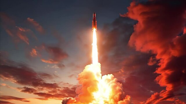 A rocket launching into a colorful sky, surrounded by clouds and flames from the engines, symbolizing space exploration.