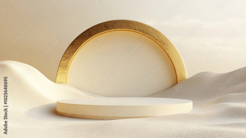 Poster 3D render of an abstract background featuring an empty circular stage golden arch and winding road Modern minimalist display scene with a round platform for showcasing luxury products