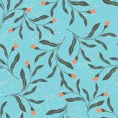 blue seamless vector stock flowers with leaves pattern on cream background