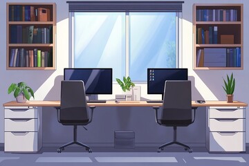 Fototapeta premium Bright and organized office space with desks, chairs, computers, and large windows allowing natural light to fill the room