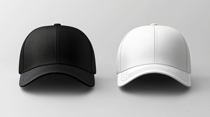 Realistic black and white headwear, baseball cap mockup from front and back, white background.