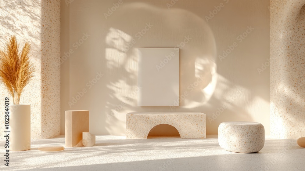 Aufkleber 3D rendering of a contemporary mock up featuring an abstract geometric background a blank template and a minimalistic empty showcase with primitive shapes in pastel colors