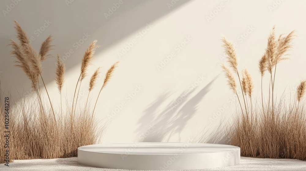 Poster 3d podium backdrop featuring a pedestal situated on dry grass seasonal product display scene classic