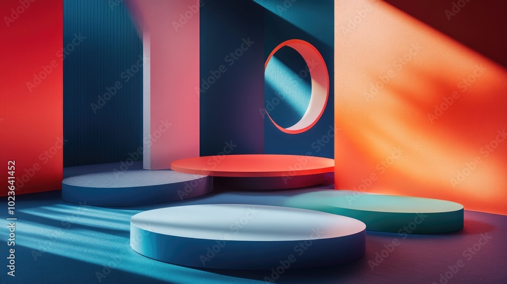 Aufkleber 3D rendered illustration featuring geometric shapes and holographic colored platforms for product display Abstract composition in a contemporary style with minimal design and negative space