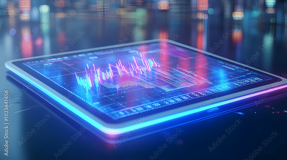 Poster 3d glossy tablet displaying holographic currency converter with floating exchange rates on isolated 
