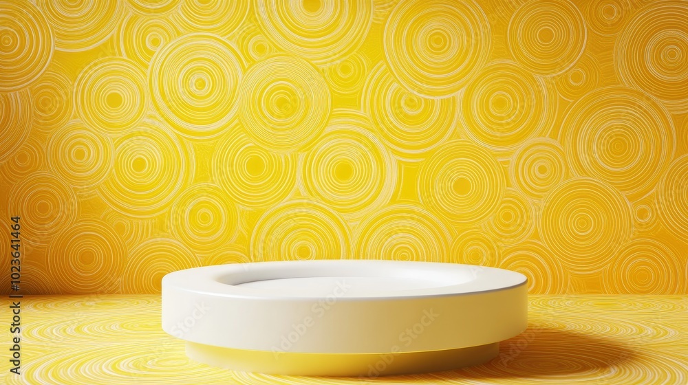 Aufkleber 3D visualization of a white circular podium set against a vibrant yellow backdrop featuring circular patterns
