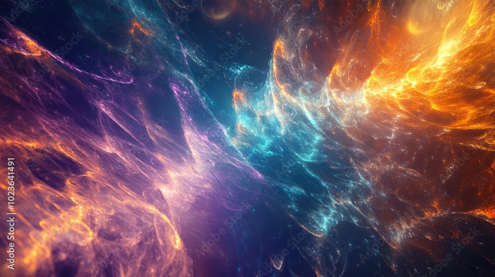 Poster Abstract fractal background featuring a fantastical textured design with chaotic patterns radiant flares and cosmic elements conveying luminosity and magic