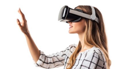 Woman wearing vr glasses isolated on white, transparent