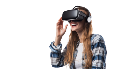 Woman wearing vr glasses isolated on white, transparent