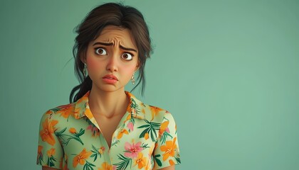 Fototapeta premium Sad Indian Woman with Worried Expression in Colorful Shirt