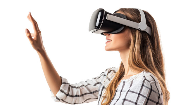 Woman wearing vr glasses isolated on white, transparent