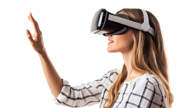 Woman wearing vr glasses isolated on white, transparent