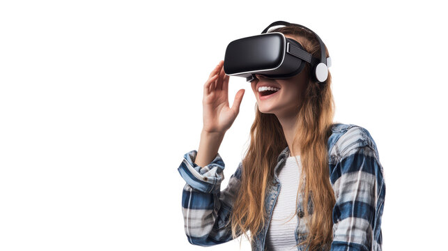 Woman wearing vr glasses isolated on white, transparent