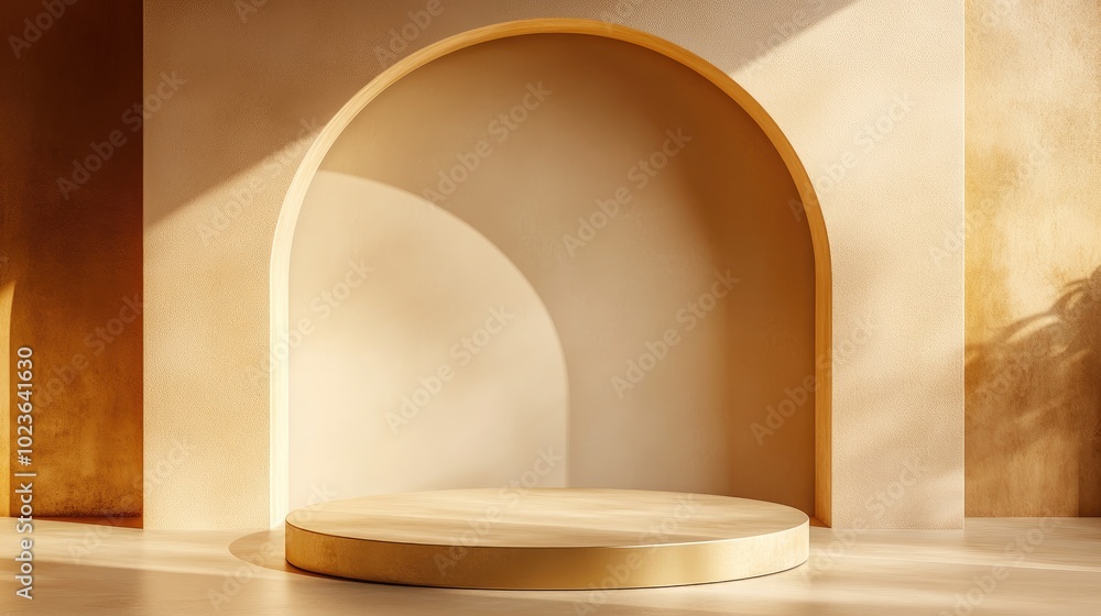 Aufkleber 3D background featuring a golden scene with an empty podium and geometric shapes including a circular pedestal on a floor with shadows designed for minimal style product presentation composition a