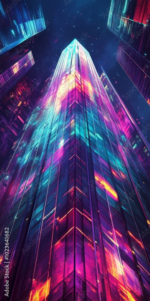 Poster synthwave skyscraper with a dynamic abstract background, featuring vibrant colors and geometric form