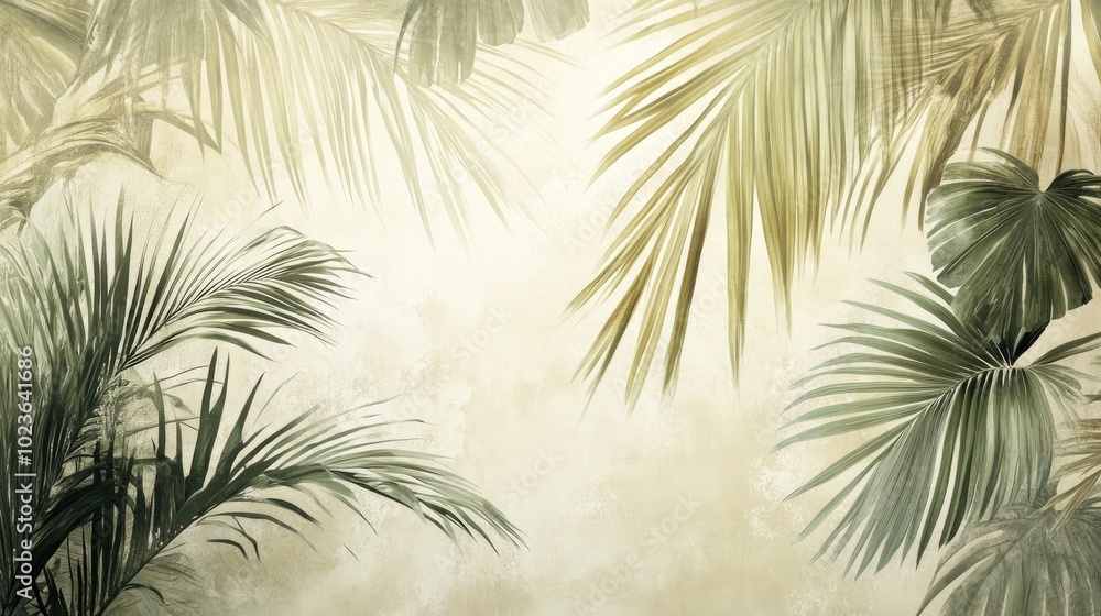 Poster artistic depiction of palm leaves in a mural design featuring a light color palette suitable for wal