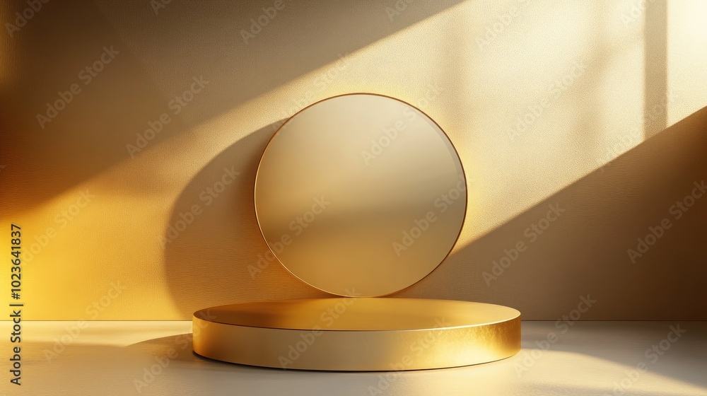 Aufkleber 3D background featuring a golden scene with an empty podium and geometric shapes including a circular pedestal on a floor with shadows designed for minimal style product presentation composition a