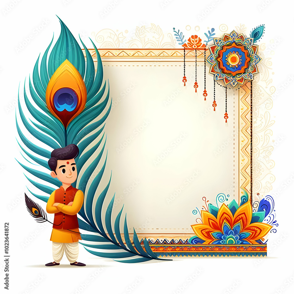 Poster vibrant flat vector illustration of a colorful peacock feather and delicate rangoli border frame wit