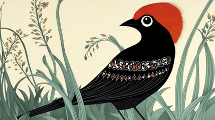 Closeup of a Black Detail of a Red Bishop Sitting on Grass