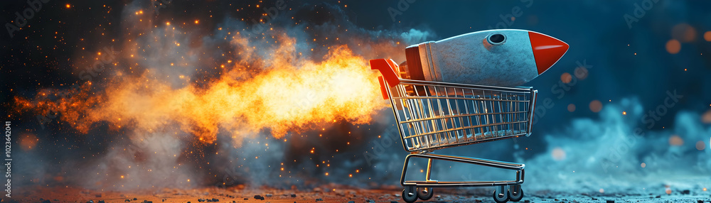 Poster vector graphic of a retail shopping cart transforming into a rocket, symbolizing e-commerce growth a