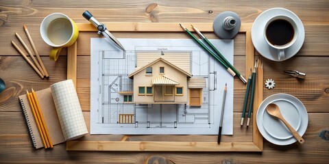 A beautifully designed modern home blueprint is spread out on a wooden desk, surrounded by architectural tools and pencils, against a light gray background.