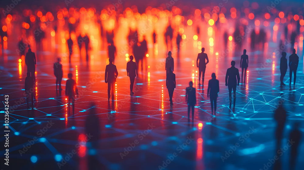 Poster 3d blurred silhouettes networking with glowing light trails: dynamic wide shot of shadowy human figu