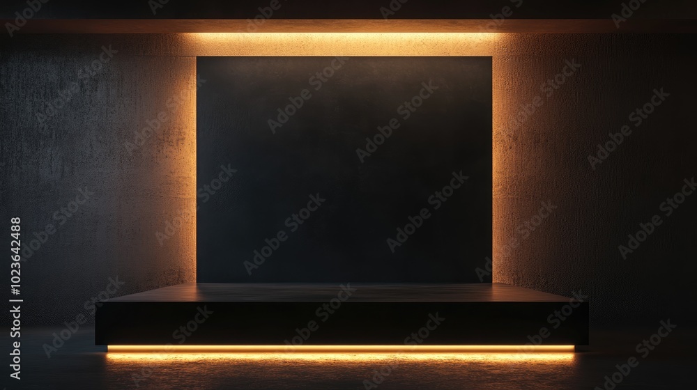 Poster 3D rendered illustration depicting an advertising presentation stand on a dark background featuring a lit black square podium Empty display area