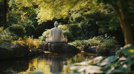 A Man Meditating in a Peaceful Garden Setting