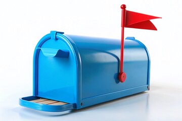 A bright blue mailbox stands out against a crisp white background, adorned with a few pieces of crisp white mail and a single red flag.