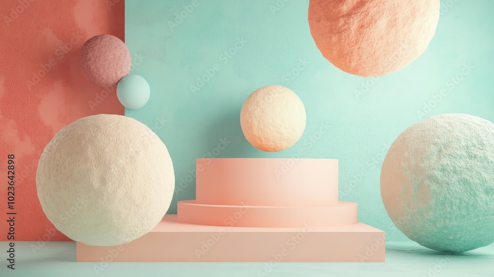 Aufkleber 3D rendered abstract background featuring geometric shapes and a pastel colored podium in a minimal design