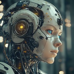 Fototapeta premium Futuristic android with a sleek white design and mechanical interior.