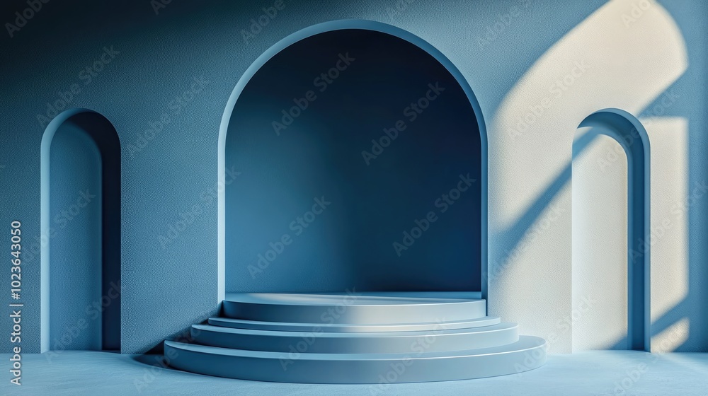 Poster 3D rendered abstract blue backdrop featuring an empty stage with cylindrical podium steps and a vacant pedestal Ideal for showcasing products with ample copy space in a premium minimal design insp