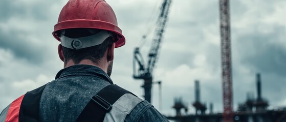 Construction worker in hard hat, observing industrial site with cranes, conveying labor and progress.