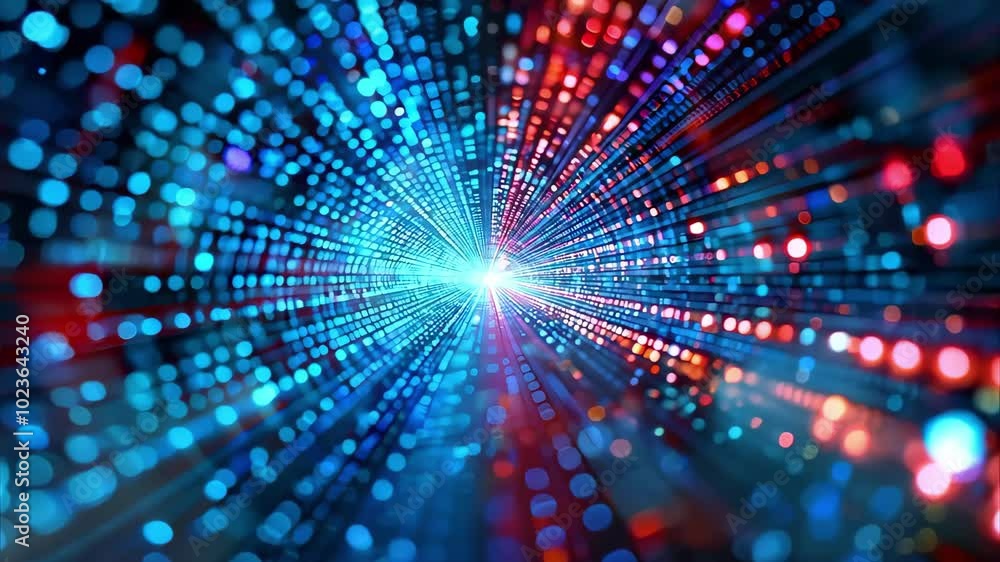 Poster a vibrant representation of data streams or light beams, showcasing a dynamic blend of blue and red 