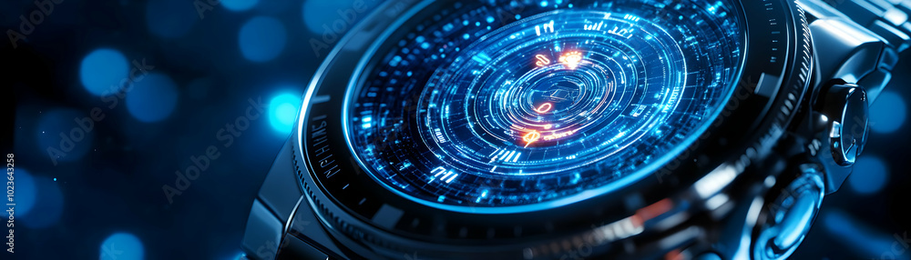 Poster holographic smartwatch showcase with pulsating wealth symbols - medium shot zooming in on futuristic