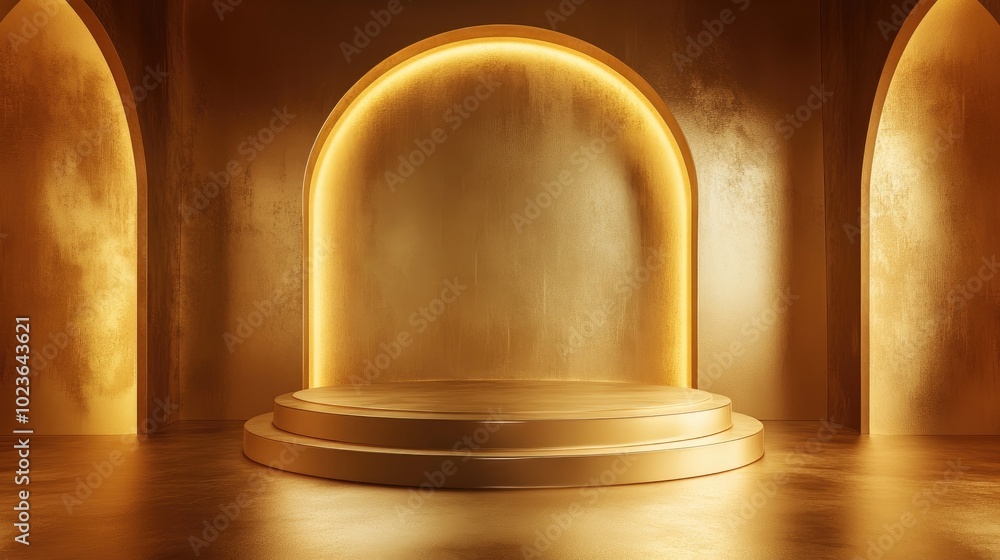 Poster 3d rendered abstract podium backdrop for product display in gold tones