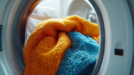 Put the colored towel together with the textile and the washing capsule into the washing machine.